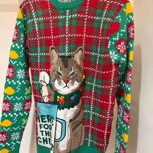 Blizzard Bay Christmas Sweater Festive Cat Sweater - Red and Green Size S